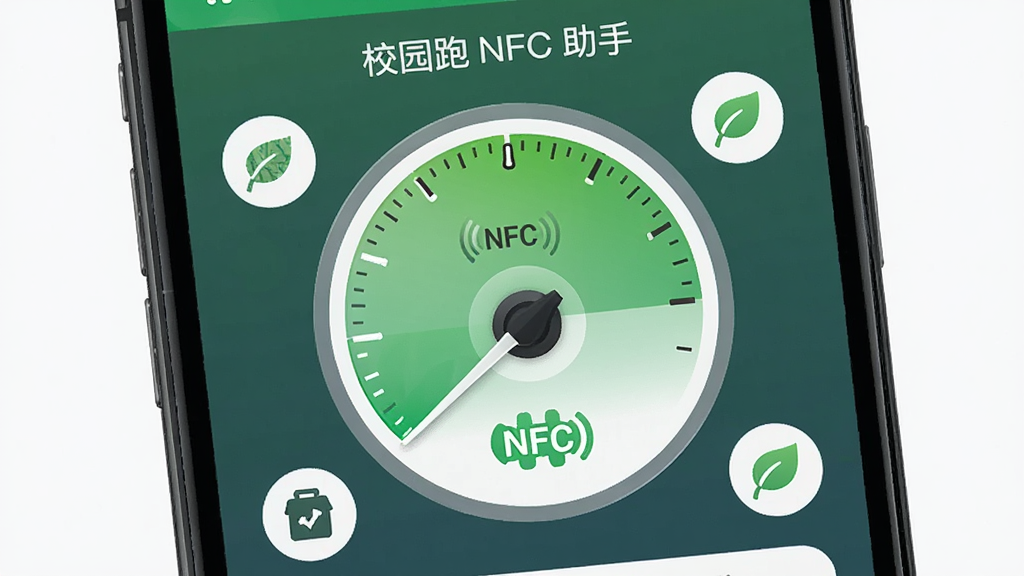 �ֻ���Ļ��ʾ��У԰�� NFC ���֡��ĵ�����ڴ�ռ���Ǳ��̣��Ǳ���ָ�봦����ɫ�ͺ������Ա���NFC�ź�ͼ������Ҷͼ�Σ�����Ϊ����Բ���Ǳ��̴�������Сͼ�껷�ƣ����Ϊ���±�ƽ����Ϣͼ��ϸ�ڰ����Ǳ��̶̿��ߡ���ɫ������䡢ҶƬ�����򻯴�����������ˬ�ɾ��������౳��