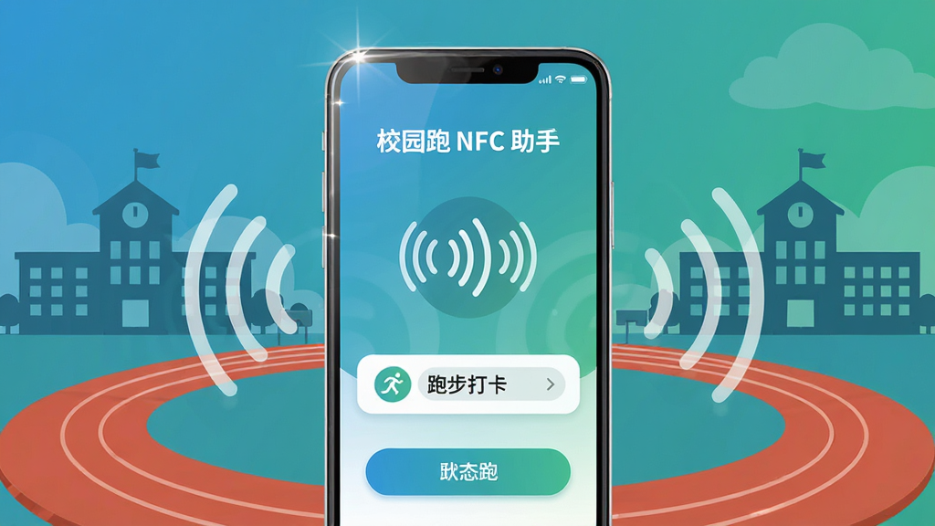 �����������һ����׿�ֻ����ֻ���Ļ��ʾ��У԰�� NFC ���֡�Ӧ�������棬�������NFC��Ӧͼ�����ܲ���״̬�����ֻ���Χ����У԰�ܵ�����ѧ¥��Ӱ��NFC���ߵ粨ͼ�Σ����岼�ֲ������ҶԳƹ�ͼ�����Ϊ��ƽ���Ƽ��廭��ϸ�ڰ����ֻ��߿�߹⡢���水ťԲ�Ǵ�����������������ɫ�������������ɾ����޶���װ��Ԫ��