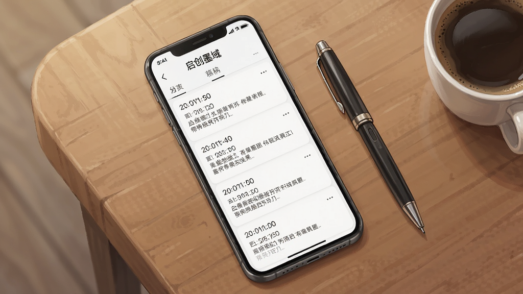 一部手机平放在木质桌面上,屏幕显示“启创墨域”草稿列表页面,列表项带有时间戳和小字预览,旁边有一支笔和一杯咖啡,画面采用俯视构图,风格为清新写实插画,光线柔和,细节清晰,画质干净,无杂乱元素