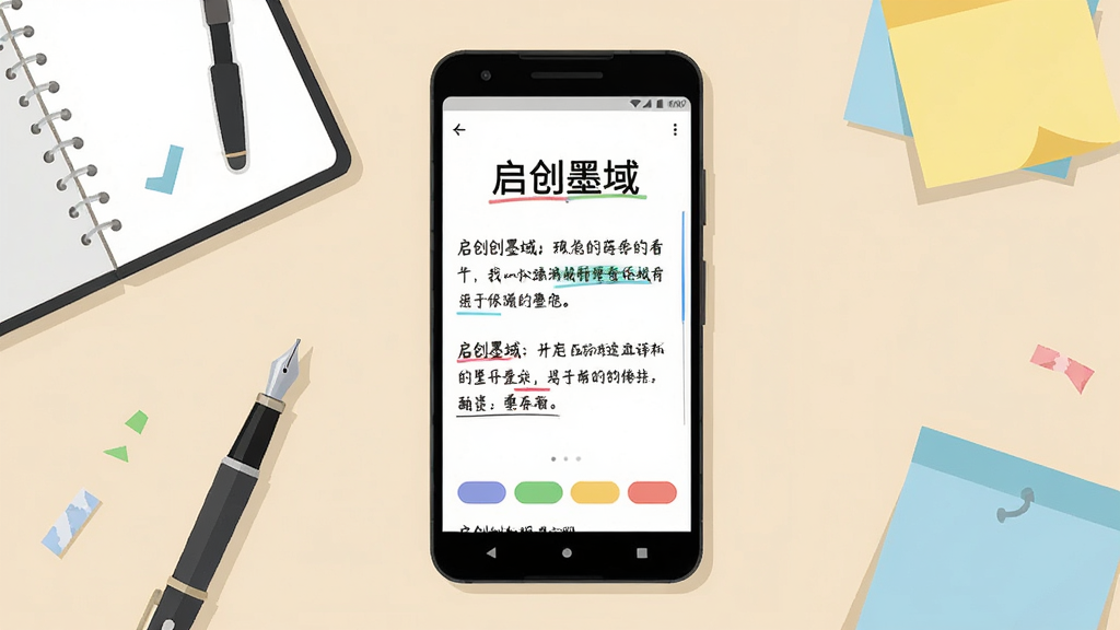 画面中央放置一部竖屏安卓手机,手机屏幕显示简洁的笔记编辑界面,顶部有“启创墨域”四个字,界面下方是几行文字草稿与彩色标签按钮,手机周围散落笔记本、钢笔和便签纸,背景为浅米色桌面,整体采用扁平插画风格,布局居中对称,细节干净利落,画质清晰,无多余装饰元素