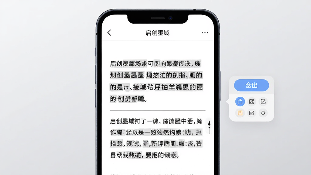 手机屏幕显示“启创墨域”编辑界面,文字段落带有加粗和分隔线效果,屏幕右侧浮出导出按钮和小图标,背景为浅灰色渐变,画面采用正面视角,风格为简洁UI展示插画,细节干净,画质清晰,无多余元素