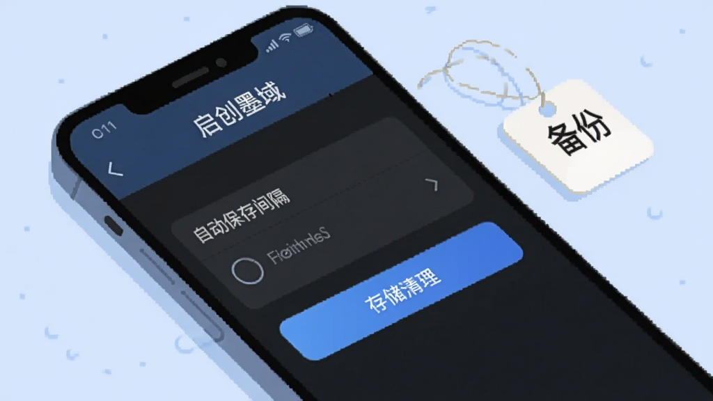 一部手机屏幕显示“启创墨域”设置页面,页面中有自动保存间隔选项和存储清理按钮,旁边放着一个写有“备份”字样的小标签,画面为斜侧视角,风格为清爽扁平插画,背景浅蓝,细节简洁,画质清晰,无多余元素