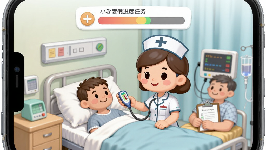 ҽԺС��ʿ����������棬����չʾ�ֻ���Ļ��һλ��ͨ��ʿ���ڲ�����Ϊ���˲������£���������ҽ���豸����Ļ�Ϸ���ʾ��������������Ϊ���¿�ͨ�廭��ɫ����ͣ�ϸ�ڰ������¼ơ���¼���΢Ц�Ĳ��ˣ����ʸɾ����޶���Ԫ��