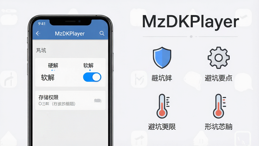 ��������Ϊһ���ֻ���Ļ��ʾMzDKPlayer���ý��棬�������С�Ӳ�⡹�����⡹�л�������洢Ȩ��ѡ��������ֻ�����ƫ���Ҳ��ü��ͼ���ע�ܿ�Ҫ������ơ����֡��¶ȼƣ��Ű��϶���д