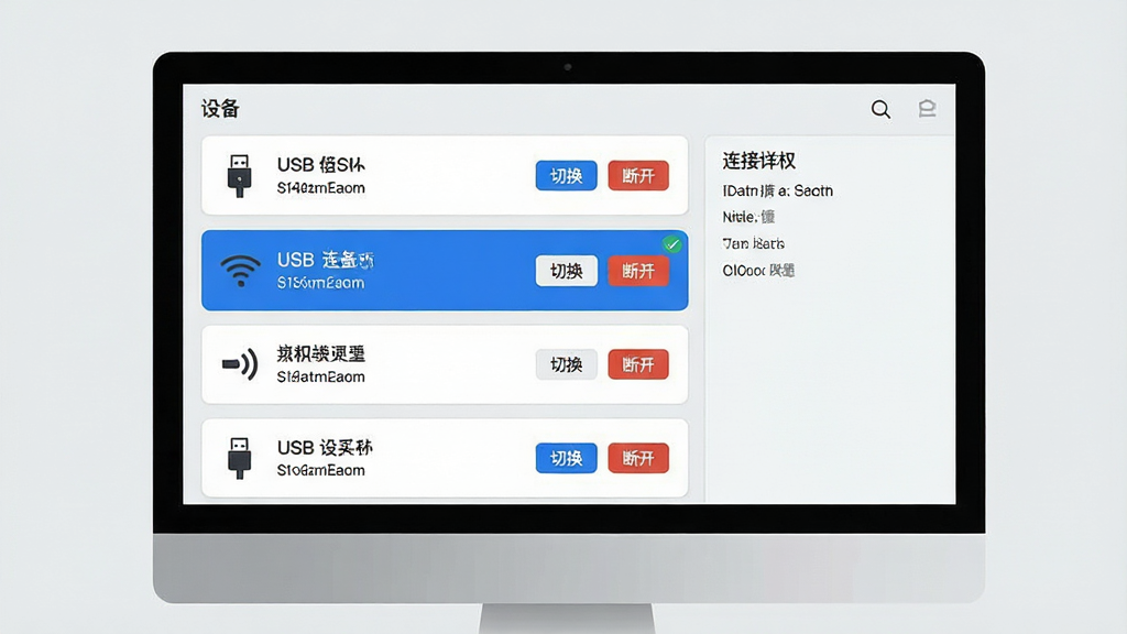 ����չʾһ̨������Ļ����Ļ���г�����������豸�Ŀ�Ƭ��ÿ�ſ�Ƭ��ע�豸���������ӷ�ʽ���Ҳ��С��л������Ͽ���С��ť������Ϊ����豸�б����Ҳ����������Ű��������������Ϊ����������ʾ�⣬ǳ�ұ�������ɫ������ϸ�ڰ���USBͼ�ꡢ�����źű�ʶ����Ȩ�Թ������ʸɾ����޶���װ��