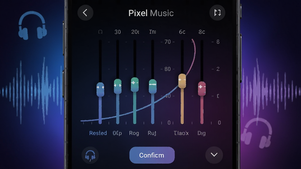 ��������Ϊ�ֻ���Ļ��д����ʾPixel Music�ľ�����������壬������ɫƵ�λ���ʻ������У�����Ϊ��������ɫ�Ľ�����Σ���Χ�����������������ͼ�꣬���������½ṹΪ�������Ϊ�Ƽ���UI�廭��ϸ�ڰ�������̶ȡ�Ԥ���ǩ��ȷ�ϰ�ť������ϸ��ɾ����޶���Ԫ�أ�ͼƬ������Ϊ��Pixel Music��
