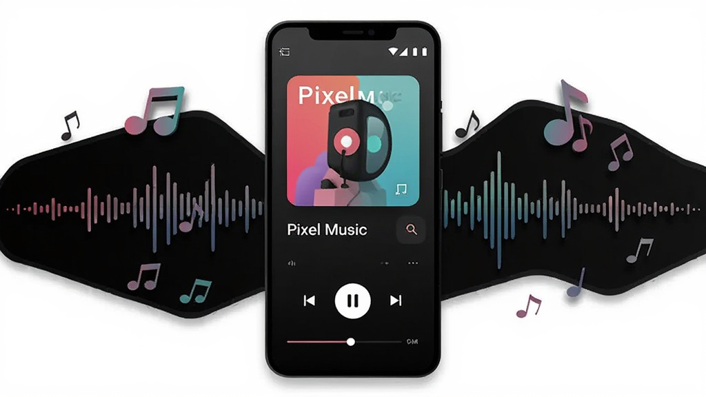 ����������һ��������׿�ֻ�����Ļ��ʾPixel Music�����������棬����Ϊר����������������·����в��ſ��ư�ť�������������Ϊ��ɫ���䣬�ֻ�����Ư������������Ƶ�������������岼�־��жԳƣ����Ϊ�ִ���ƽ��UI�廭��ϸ�ڰ���Բ�ǿ�Ƭ�������Ӱ�����ǿ��ɫ�����������ɾ����޶���Ԫ�أ�ͼƬ������Ϊ��Pixel Music��