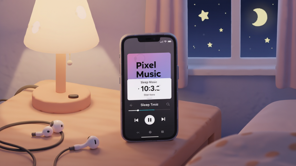 ҹ�����ҳ�������ͷ���Ϸ����ֻ�����Ļ��ʾPixel Music��˯�߶�ʱ���õ����벥�Ž��棬���������������ǣ��������ֻ�Ϊ�Ӿ����ģ����Ϊ��ܰҹ���廭��ϸ�ڰ������̨�ơ��������뵹��ʱ���֣�������͸ɾ����޶���Ԫ�أ�ͼƬ������Ϊ��Pixel Music��