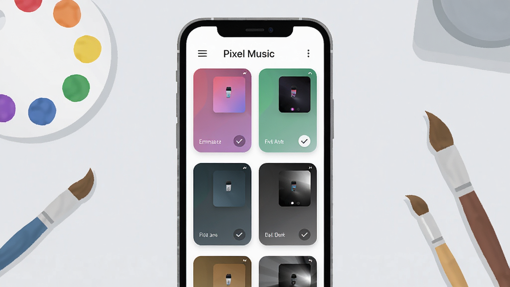 �ֻ���ĻչʾPixel Music����������ҳ�棬�����ɫ��Ƭ���������У���Ƭ�ϱ�ע��ͬǿ��ɫ������ģʽ������Ϊǳ�ҹ���̨����Χ��׺��ɫ���뻭��Ԫ�أ�����Ϊ����Գƣ����Ϊ��Լ��Ƹв廭��ϸ�ڰ�����ƬԲ�ǡ�ѡ�жԹ���Ԥ��С����������ˬ�ɾ����޶���Ԫ�أ�ͼƬ������Ϊ��Pixel Music��