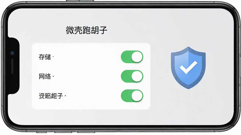 一张展示手机游戏安装设置界面的图片,画面主体是一部手机,屏幕上显示“微壳跑胡子”的权限设置页面,页面中有存储、网络等权限开关处于开启状态,旁边配有一个盾牌图标表示安全提示,背景为浅灰色,布局居中,风格简洁实用,细节上突出权限开关与安全标识,画质清晰,画面干净无杂乱元素