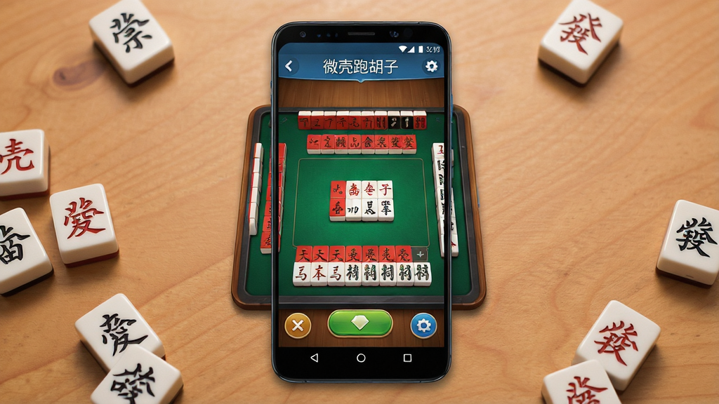 一张展示手机棋牌游戏界面的图片,画面主体是一部竖屏安卓手机,手机屏幕上显示“微壳跑胡子”的游戏牌桌,桌面上整齐排列着红色和黑色的字牌,牌面清晰可见,手机周围摆放着几张散落的字牌作为点缀,背景是温暖的木质桌面,整体布局居中对称,风格写实且干净,细节上突出牌面文字与游戏按钮,画质清晰,光线柔和,画面干净无多余元素