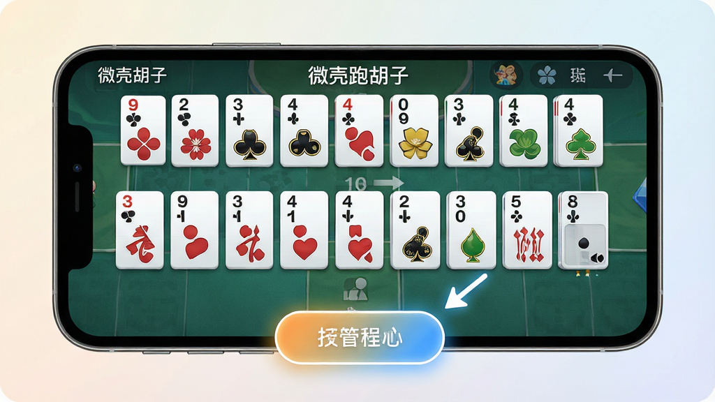 一张展示手机游戏辅助功能的图片,画面主体是一部手机,屏幕上显示“微壳跑胡子”对局界面,手牌区域按花色和数字自动排列整齐,屏幕下方有一个高亮的提示按钮,按钮旁有简洁的箭头指向手牌,背景为浅色渐变,布局以手机为中心,风格现代简洁,细节上突出理牌整齐与按钮高亮效果,画质清晰,画面干净