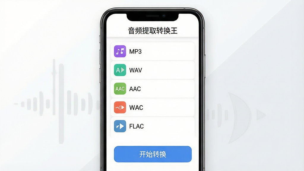 һ��չʾ��Ƶ��ʽת�������ʾ��ͼ�������������ֻ���Ļ����Ļ���г�MP3��WAV��AAC��FLAC�ȸ�ʽ��ǩ���·��С���ʼת������ť����Ļ�Ϸ���ʾ����Ƶ��ȡת������������������Ϊ��ɫ�뵭��ɫ���䣬����Լ�ִ���ϸ���ϸ�ʽ��ǩ���в�ɫСͼ�꣬��������������Ԫ��