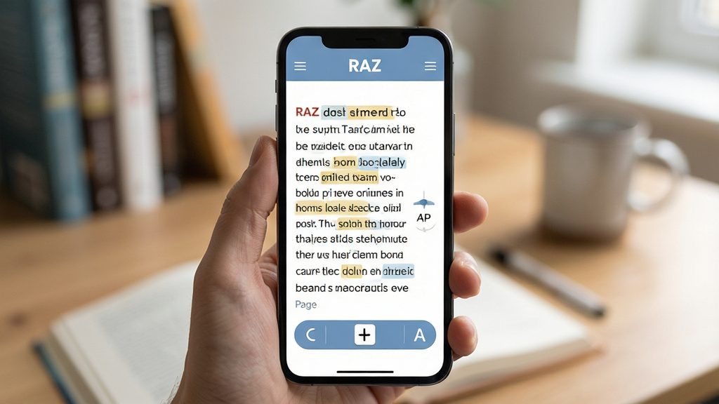 һ���ƶ����Ķ����鳡��ͼ������Ϊ�ֳ��ֻ�չʾRAZ�ּ�ѧϰ�Ķ�ҳ�棬����Ϊ�ֻ���Ļ���С�����Ϊ��͵����������黯�������Ű�ͻ����Ļ���ݣ����Ϊ�����Ʒչʾ��ϸ�ڰ���������Ӣ���ı��Ű桢��ҳ��ť���ֺŵ���ͼ�꣬���ʸ��壬����ɾ����޶���Ԫ��