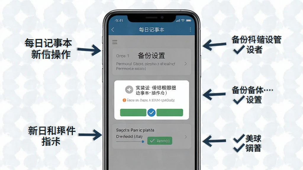 һ��չʾÿ�ռ��±����ֲ���ָ����AI����ͼ������Ϊһ���ֻ���Ļ��д����Ļ�ϳ��ְ�װȨ����ʾ�뱸�����ý��棬�Ա����м�ͷ��ע�͹�ѡͼ�꣬����Ϊ�ֻ����С���ע���ƣ�����ƽ���̷̳磬ϸ�ڰ���Ȩ�޵��������뱸��·��ʾ�⣬��������������ɾ����޶���Ԫ��