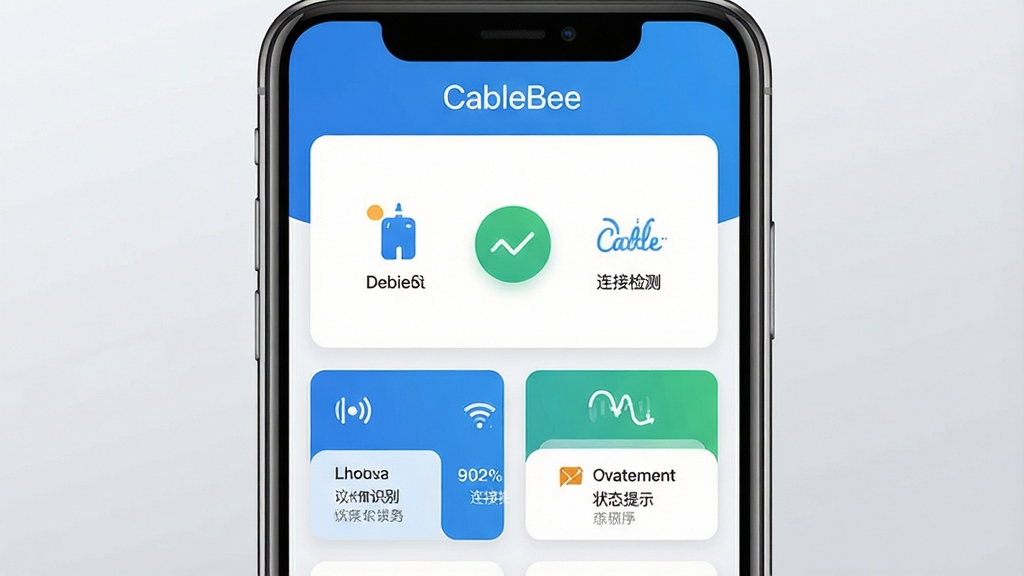 һ��չʾCableBee������������ֻ���ĻЧ��ͼ�����������Ǽ����豸����״̬��壬�Ϸ���ʾ�������ơ�CableBee�����·��������豸ʶ�����Ӽ�⡢״̬��ʾ�ȹ��ܿ�Ƭ���������������ɫ�������ˬ�ִ�������Ϊǳ��ɫ���䣬���������ɾ����޶���Ԫ��