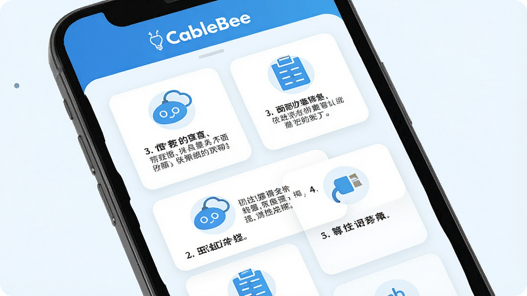 һ��չʾCableBee�������������ʾ��ͼ���ֻ���Ļ�г��ֲַ���Ĳ�����ʾ��Ƭ��ÿһ�����м��ͼ����˵�����֣������Ű����룬����ǳɫ��������ɫǿ��ɫ������Ѻ����£������а�����CableBee����ʶ�����ʸɾ�����