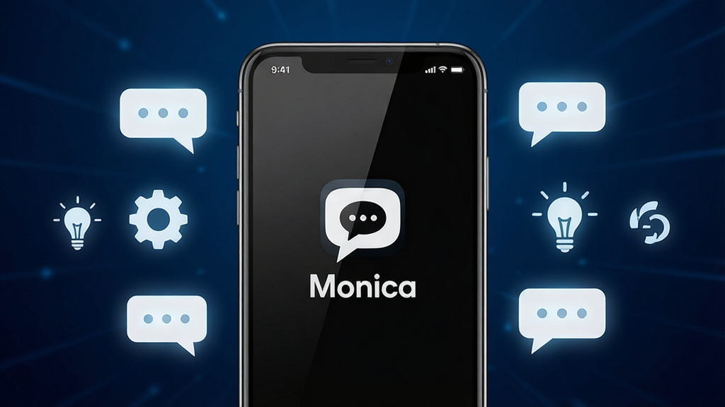 ��������һ�������ֻ���Ļ������ʾMonicaӦ�������棬����Ϊ��ɫģʽ�������жԻ�����ͼ����