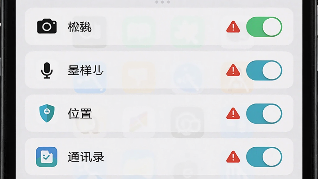 �ֻ��ܼ�С����Ȩ�޹������棬�ֻ���Ļ��ʾӦ��Ȩ���б��������������˷硢λ�á�ͨѶ¼��Ȩ���ÿ���Ҳ��п��ذ�ť������Ȩ�ޱ�ע��ɫ��ʾͼ�꣬������ÿ�Ƭʽ���֣�ǳɫ���������������ɾ�