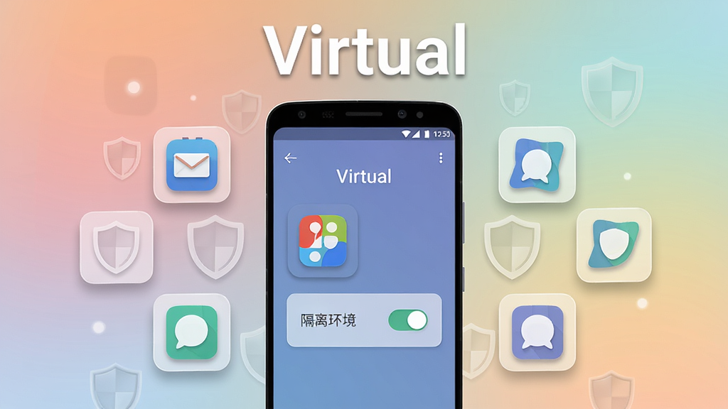 �����������һ����׿�ֻ����ֻ���Ļ��ʾ��Virtual������ռ�������棬��������Ӧ��˫��ͼ������뻷�����أ��ֻ���Χ���ư�͸����Ӧ��ͼ������Ʒ��ţ�����Ϊ���жԳƹ�ͼ���Ű����������ơ�Virtual��λ�ڻ����Ϸ���Ŀλ�ã����Ϊ���Ƽ��б�ƽ�廭��ϸ�ڰ�����ͽ��䱳����ϸ��ͼ�ꡢ��΢ͶӰ�����������ɾ����޶���Ԫ��