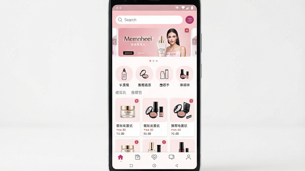 һ���ֻ���Ļչʾõ�տ��̳�App��ҳ��дʵ����ͼ������Ϊ�������ŵİ�׿�ֻ�����Ļ�ڳ�����ͷ۰�ɫ���Ĺ�����ҳ�����������������ֲ�������в�Ϊ��Ʒ����ͼ�����Ƽ���Ʒ��Ƭ���������������Ű����·�����ȷ�������������ƫŮ�Ի�������ϸ�ڰ�������ƿ�����ױ��Ʒ����ͼ���ײ����������ͼ�꣬���ʸ��塢������͡������ɾ����޶���Ԫ��