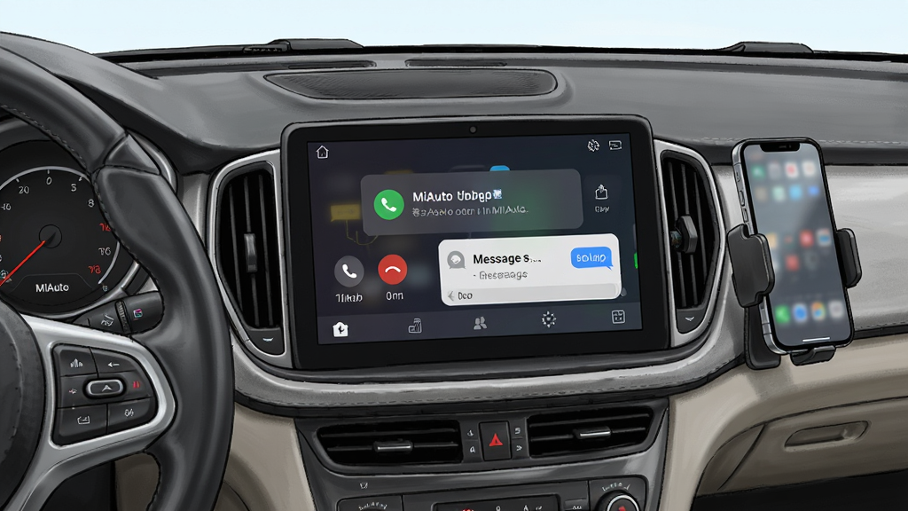 һ��չʾMiAutoͨ����������Ϣ���ѹ��ܵĳ���ͼ����������Ϊ�����ӽǣ�������Ļ���뵯�������������֪ͨ��Ƭ���Ա��з��������ֻ�֧�ܣ�����Ϊ��һ�˳Ƽ�ʻ�ӽǹ�ͼ�����Ϊдʵ�廭�磬ϸ�ڰ���������ĻUI������ͼ�ꡢ��Ϣ���ݡ�����������������������Ȼ���޶���Ԫ��