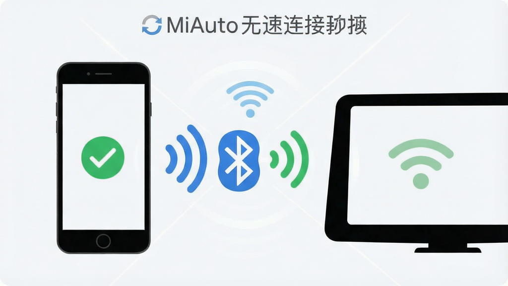 һ�ű���MiAuto���߿������ӹ��ܵ�ʾ��ͼ����������Ϊ�ֻ��복����Ļ֮��ͨ��������WiFi�ź�ͼ������������Ϊ���з���״��ͼ�����Ϊ��ˬ�ĿƼ���ƽ�磬ϸ�ڰ����źŲ��ơ����ӳɹ��ĶԹ���ǡ��ֻ��복��������ʻ�������Ϊǳ�Ұ�ɫ�����ʸɾ��������޶���Ԫ��
