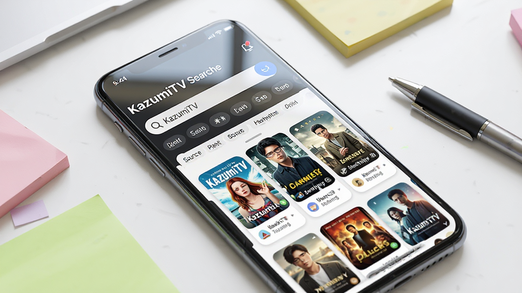 ����������һ�������ֻ�����Ļ��չʾKazumiTV�Ķ�Դ�ۺ��������棬�������·������Ŷ����Դ��ǩ��Ӱ�ӽ����Ƭ���ֻ�б����һ�Ű�ɫ�����ϣ��Ա�ɢ���ż�ö��ɫ��ǩֽ��һ֧�ʣ�����Ϊ����45�Ƚ���д�����Ϊ��������������Ʒչʾ�磬ϸ�ڰ����ֻ���Ļ�ĸ߹ⷴ�䡢��Ƭ����������ȡ���ǩֽ�����ɫ�ʣ�����ϸ�壬�ɾ���࣬�޶���Ԫ��