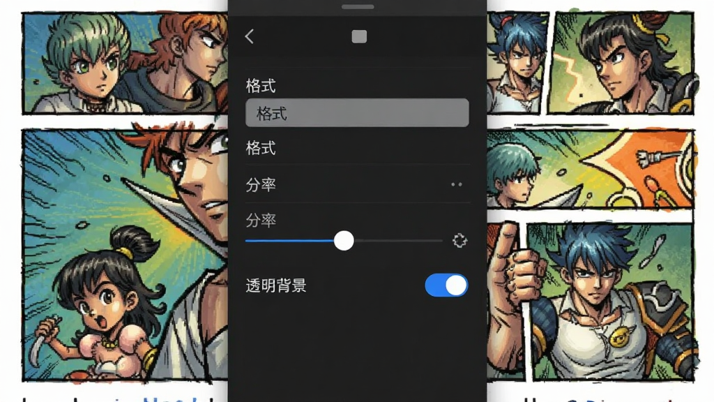 一画师作品导出设置界面,显示格式选择、分辨率调节与透明背景开关,背景为已完成的一幅彩色漫画插图,界面布局清晰,手机应用截图视角,画质干净整洁