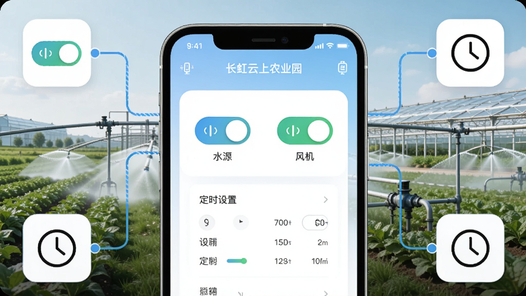 ��������Ϊ��������ũҵ԰APP�豸���ƽ��棬��Ļ����ʾˮ���������ذ�ť����ʱ������壬����Ϊ�ִ�ũҵ԰��Զ�������豸������Ϊ�ֻ����зŴ��豸ͼ�껷�����ܣ��Ű��������򣬷��Ϊ��Լ�Ƽ��廭��ϸ�ڰ������ػ��顢ʱ��ͼ����������·�����ʸ��塢�ɾ����޶���Ԫ��