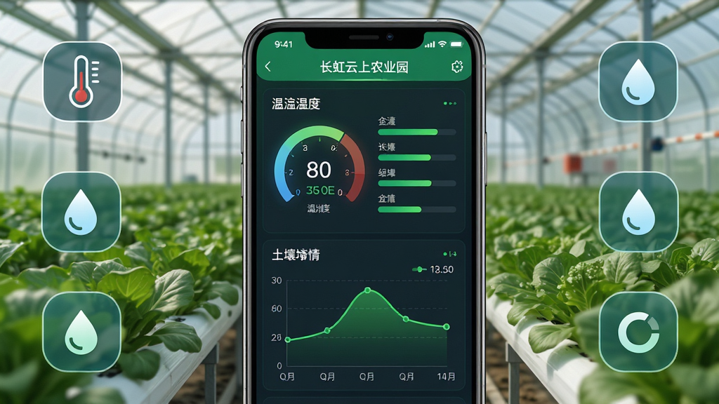 ��������Ϊ��������ũҵ԰APP�������ҳ�棬��Ļ��չʾ��ʪ���Ǳ�����������������ͼ������Ϊ���Ҵ����ڲ�����ɫ�������Ϊ�ֻ���Ļ��д���С����ܻ�������ͼ�꣬�Ű��η��������Ϊ���¿Ƽ��磬ϸ�ڰ����¶ȼ�ͼ�ꡢˮ��ͼ������ɫ�����������ʸ��塢�ɾ����޶���Ԫ��