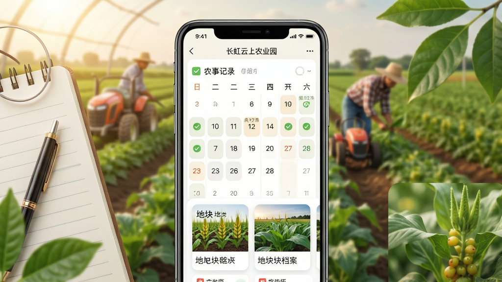 ��������Ϊ��������ũҵ԰APPũ�¼�¼ҳ�棬��Ļ��չʾ����ʽ�����б���ؿ鵵����Ƭ������Ϊ�������������������д������Ϊ�ֻ���Ļ���С����Ҵ���ʼǱ�����ҶԪ�أ��Ű�������Ȼ�����Ϊ��ů��԰�Ƽ��磬ϸ�ڰ�����ѡͼ�ꡢ�������������ͼ�������ʸ��塢�ɾ����޶���Ԫ��