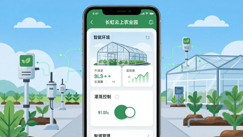 ��������Ϊһ�������ֻ���Ļ��ʾ��������ũҵ԰APP���ǻ�ũҵ�������棬��Ļ�г������Ҵ��ﻷ�����ݿ�Ƭ���ȿ��ƿ��أ�����Ϊ������ִ�ũҵ԰������ɫ��գ�����Ϊ�ֻ����С���������ֲ�������������Ԫ�أ��Ű������������Ϊ�ִ��Ƽ��б�ƽ�廭��ϸ�ڰ�������ͼ������Ҷͼ�����豸�������������ʸ��塢�ɾ����޶���Ԫ��