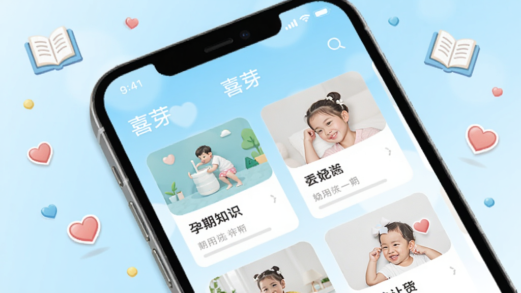 �ֻ���Ļ��д����ʾ��ϲѿ��Ӧ�õ�����֪ʶ�б�ҳ�棬ҳ����������ͼ�Ŀ�Ƭ������Ϊǳ��ɫ���䣬��Χ��׺�鱾�밮��ͼ�꣬����������¼�Լ��UIչʾ����Ű����룬���������ɾ�