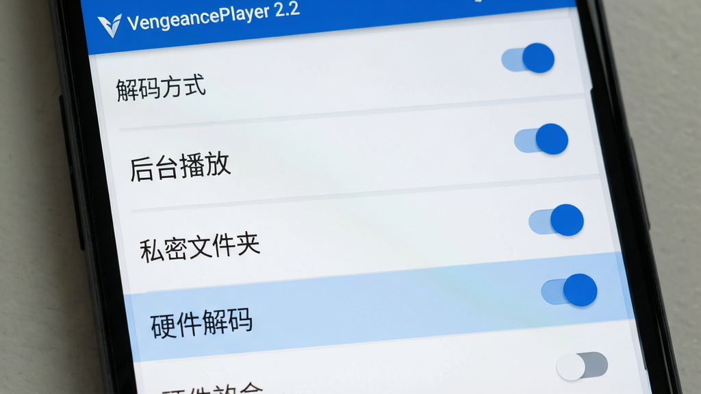 ����������һ����׿�ֻ���Ļ��д����ʾ VengeancePlayer 2.2 �����ò˵����棬�˵�����������뷽ʽ������̨���š���˽���ļ��С���ѡ����С�Ӳ�����롱ѡ�������ע������Ϊ�ֻ���������չʾ�������б����϶������У����Ϊ���ϵͳ���ý�����ǳ�ұ������ɫ��Ƭ����ɫ���ذ�ť��ϸ�������������ɶ����������е�����ɫ������ɾ������ң����ʸ���