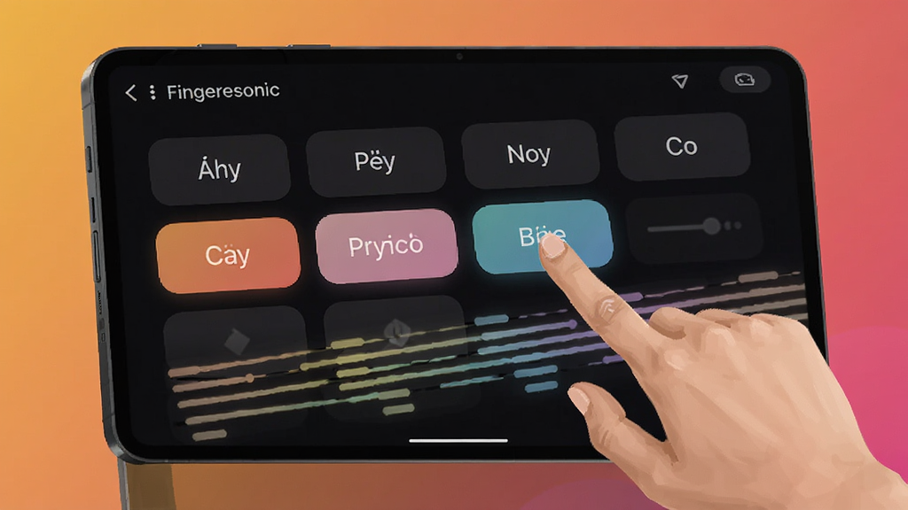 Fingersonic����ģʽ����ʾ��ͼ����������Ļ��ʾ����������ư�ť�뷢�����죬һֻ�����ڵ���������򣬱���Ϊůɫ�����䣬���Ϊ�ִ�UIչʾ�廭����ͼ��࣬����ϸ��ɾ�