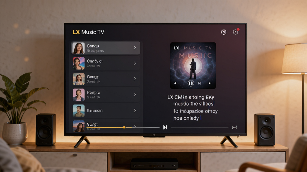 һ̨���ܵ��ӷ����ڿ������룬��Ļ��ʾLX Music TV���ֲ��Ž��棬���Ϊ�赥�б����Ҳ�Ϊר�������������ʣ��������ůɫ���ƹ⣬���ӹ�������ֲ�����䣬������Ϊ�ִ��Ҿ�дʵ�磬ϸ�ڷḻ��4K���ʣ��ɾ��޶���Ԫ��