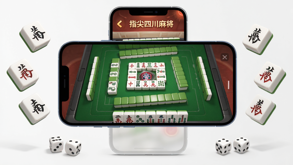 画面主体是一部智能手机,屏幕中显示四川麻将牌桌界面,牌面整齐排列,周围有麻将牌与骰子点缀,布局为手机居中、左右两侧悬浮麻将牌装饰,排版简洁大气,风格为写实3D游戏宣传风,细节包含牌面纹理、桌布绿色绒面、柔和光影,画质高清、干净、无多余元素,图片中文字为“指尖四川麻将”