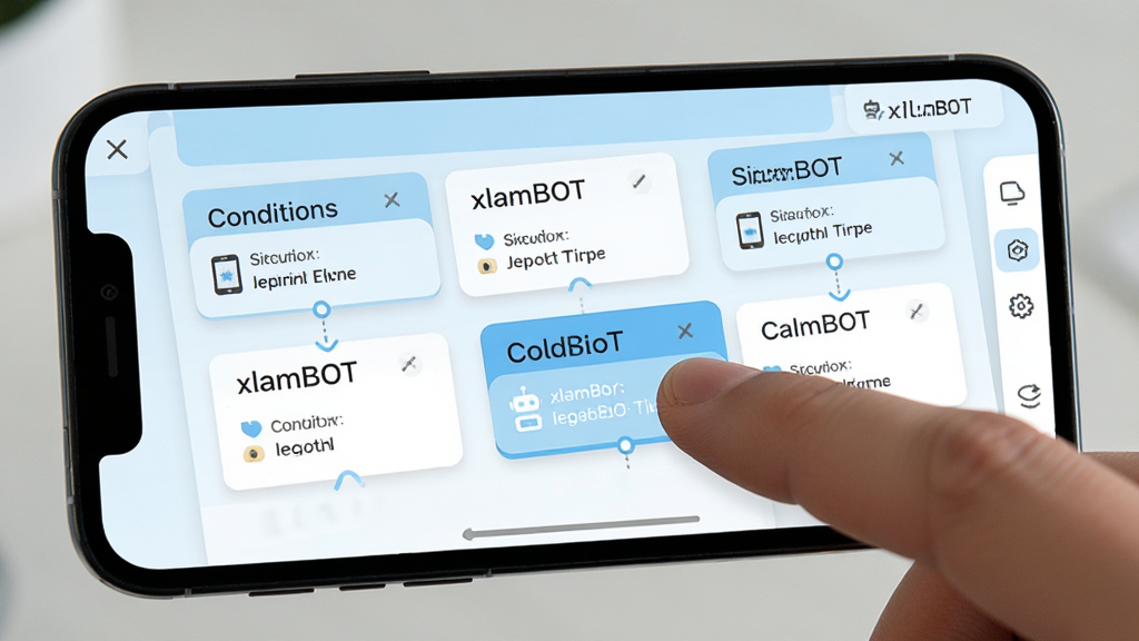 �ֻ���Ļչʾ xlamBOT ����༭���棬�������ж������ģ���Կ�Ƭ��ʽ���У��û���ָ����ק����һ��ģ�������ϣ�������ɫΪǳ�����ɫ���䣬�����ˬ���죬ϸ��������������Ԫ��