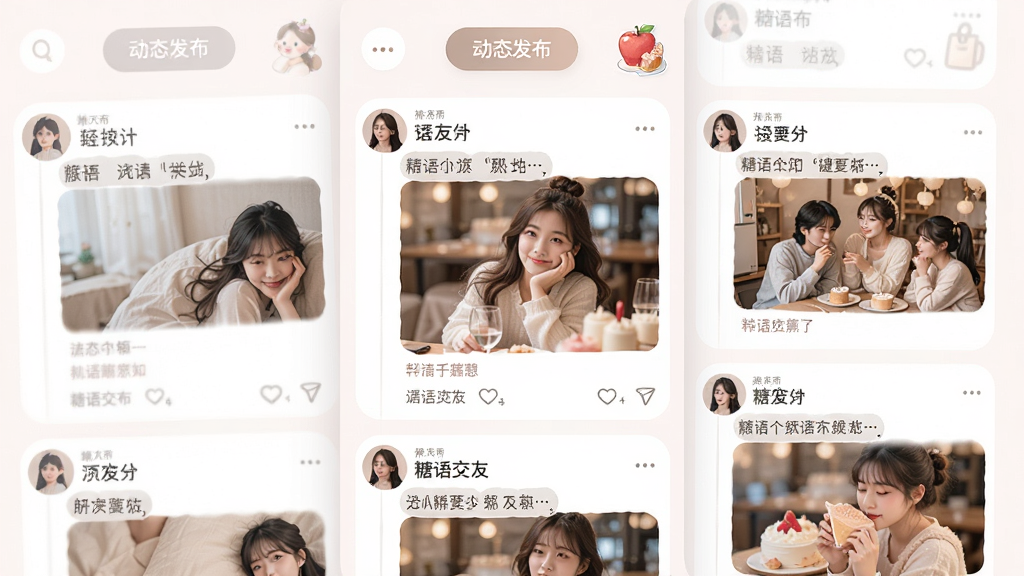 �����ｻ�ѡ���̬�㳡���棬չʾ����ͼ�Ķ�̬��Ƭ����Ƭ���û�ͷ�񡢶���������ͼ�������з�����ť������Ϊ������Ϣ����������Բ�ǣ�ϸ�ڸɾ������ʸ��壬������Ԫ��