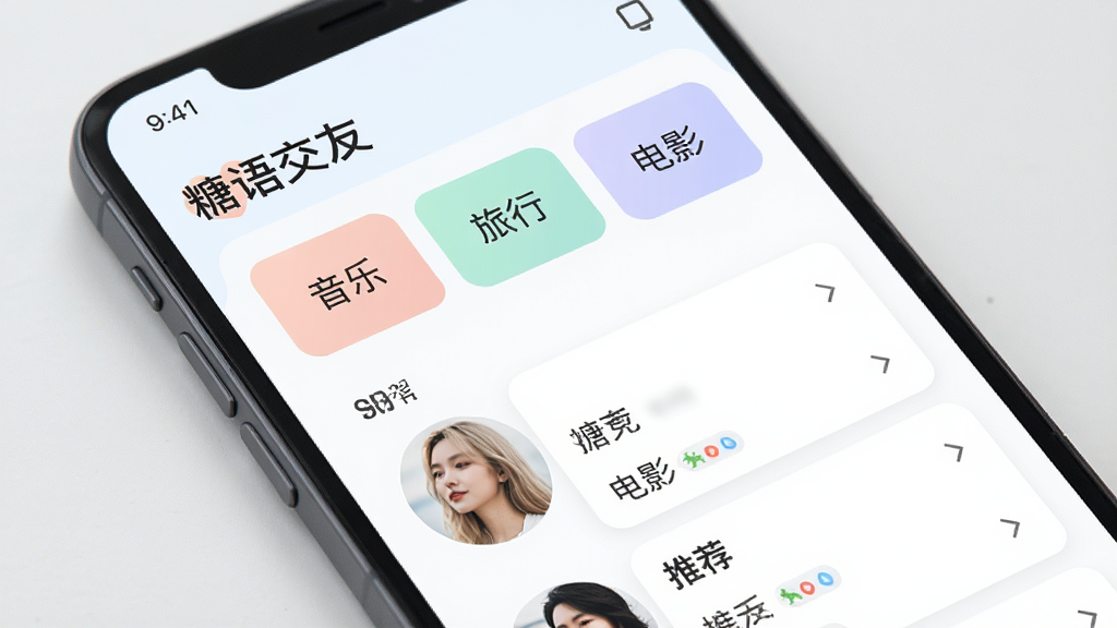 �����ｻ�ѡ�Ӧ��������ƥ��ҳ�棬��Ļ��ʾ��Ȥ��ǩ��Ƭ���Ƽ��û��б�����Ƭ���С����֡������С�����Ӱ�������ֱ�ǩ������Ϊ���·ֲ��б��������ˬǳɫ��ϸ�ڼ�࣬�����������޶���װ��