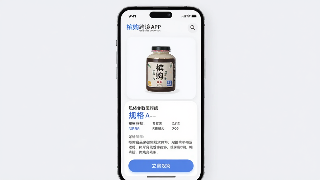 ��������Ϊ�Ĺ��羳APP����Ʒ����ҳ��ʾ��廭����Ļ����չʾ��ƷͼƬ������˵�����򣬲��ֲ������½ṹ���Ϸ�Ϊ��Ʒ��ͼ���·�Ϊ���������������������Ϊ���Բ�ǿ�Ƭʽ��ƣ�ϸ�ڰ���ǳ��ɫ��������ɫǿ����ť�����������ֲ㼶�Ű棬���ʸɾ����࣬������Ԫ��