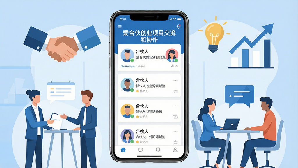 画面中心是一部智能手机,屏幕显示“爱合伙创业项目交流和协作”应用主界面,界面包含项目列表、合伙人头像、消息通知等模块;手机周围环绕创业团队讨论场景的扁平化插画元素,如握手、灯泡、增长图表;整体采用蓝白商务配色,布局居中对称,风格简洁现代,细节清晰,画质高清干净,无多余元素,无杂乱文字