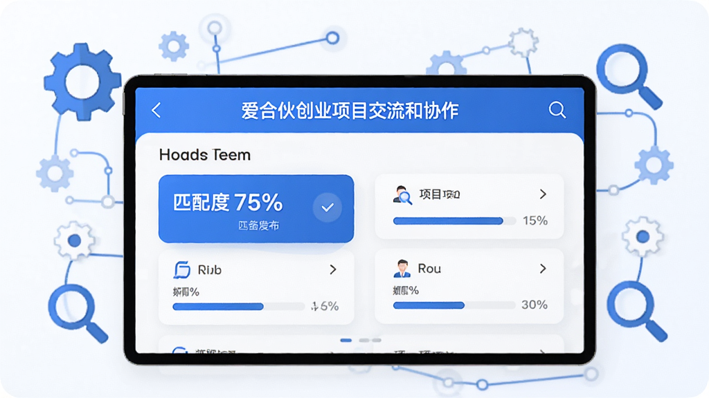 画面中央是“爱合伙创业项目交流和协作”应用的项目发布界面,显示项目卡片和匹配度百分比;界面以蓝白为主色调,布局清晰,周围点缀齿轮、放大镜、连接线等扁平化图标,风格商务简洁,细节精致,画质高清干净,无多余元素
