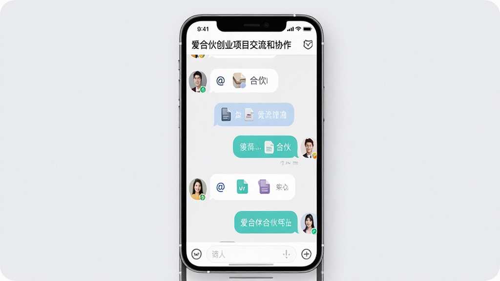 画面展示“爱合伙创业项目交流和协作”应用的聊天界面,手机屏幕中显示群组对话气泡和合伙人头像;背景为浅灰色,搭配对话气泡、@符号、文件图标等元素,风格清爽现代,布局居中,细节清晰,画质高清干净,无多余元素