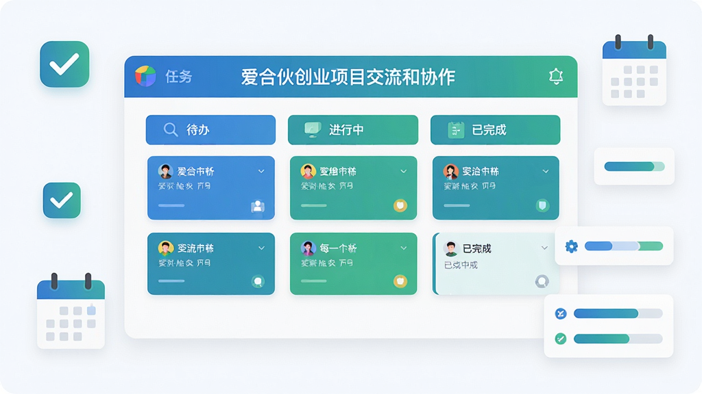 画面中心是“爱合伙创业项目交流和协作”应用的任务看板界面,显示待办、进行中、已完成三列任务卡片;界面采用蓝绿配色,布局规整,周围点缀勾选图标、日历、进度条等扁平元素,风格简洁专业,细节清晰,画质高清干净,无多余元素