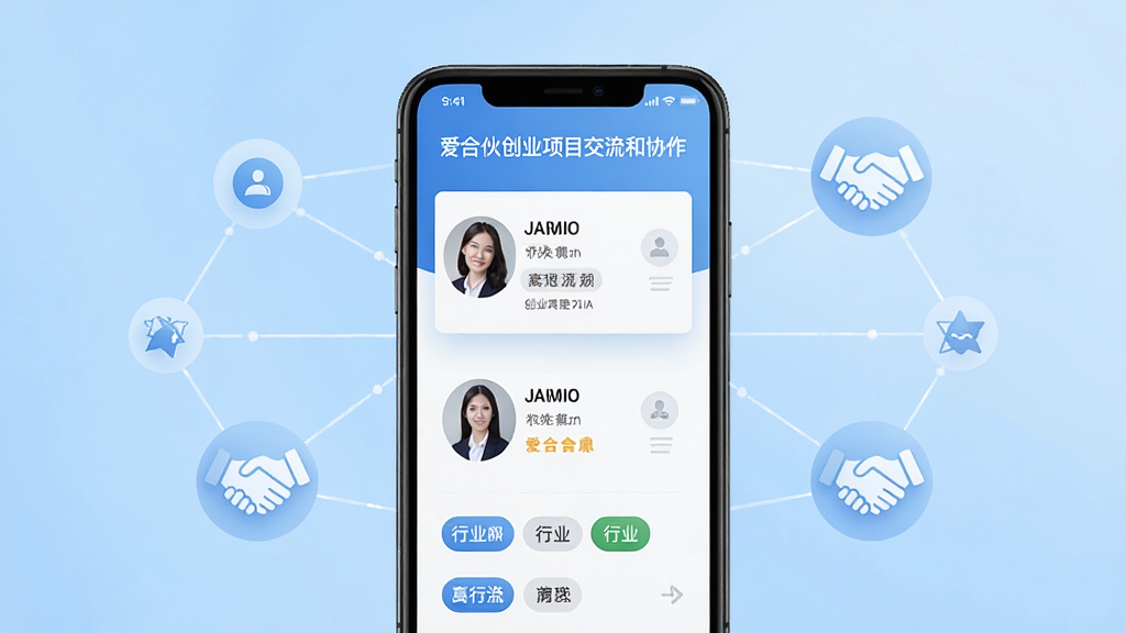 画面展示“爱合伙创业项目交流和协作”应用的人脉网络页面,手机屏幕中显示用户名片和行业标签;背景为浅蓝色渐变,搭配连接线、节点、握手图标等元素,风格商务清新,布局居中,细节精致,画质高清干净,无多余元素