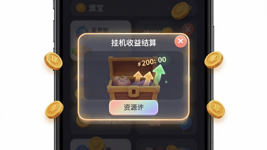主体为全面放置应用内的挂机收益结算弹窗界面,屏幕中央显示资源宝箱与数值增长动画;布局为手机竖屏居中展示,背景为深色半透明遮罩;排版突出中央弹窗与周围散落的金币图标;风格为轻拟物卡通风;细节包括发光边框、圆角卡片、柔和渐变;画质干净清晰,无多余元素,画面中不出现文字
