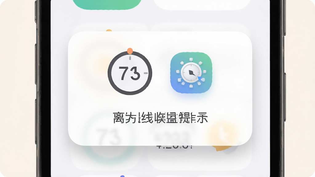 主体为全面放置应用内的离线收益提示卡片,屏幕中央显示时间与资源图标组合;布局为手机屏幕特写,卡片居中;排版简洁,信息层级分明;风格为柔和圆角卡片风;细节包括浅色背景、柔和投影、细腻图标;画质干净清晰,无多余元素,画面中不出现文字