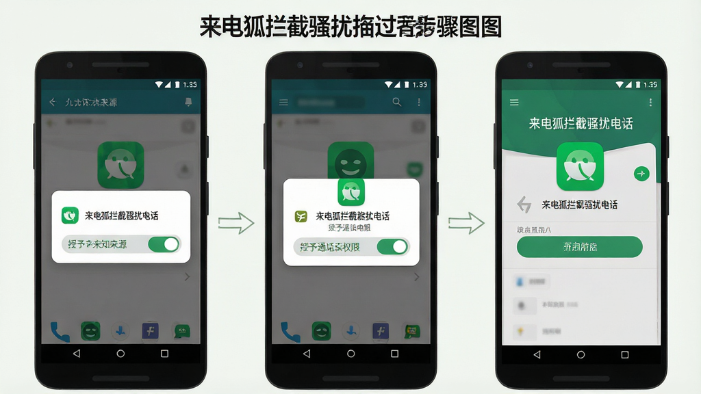 一张展示安卓手机安装“来电狐拦截骚扰电话”过程的步骤示意图,画面分为三个并排的手机屏幕,分别显示允许安装未知来源、授予通话权限弹窗、软件首页防护开启状态,布局横向排列,风格扁平化教程插画,细节包含“来电狐拦截骚扰电话”应用图标与权限开关按钮,画质清晰,背景浅色干净,无多余元素
